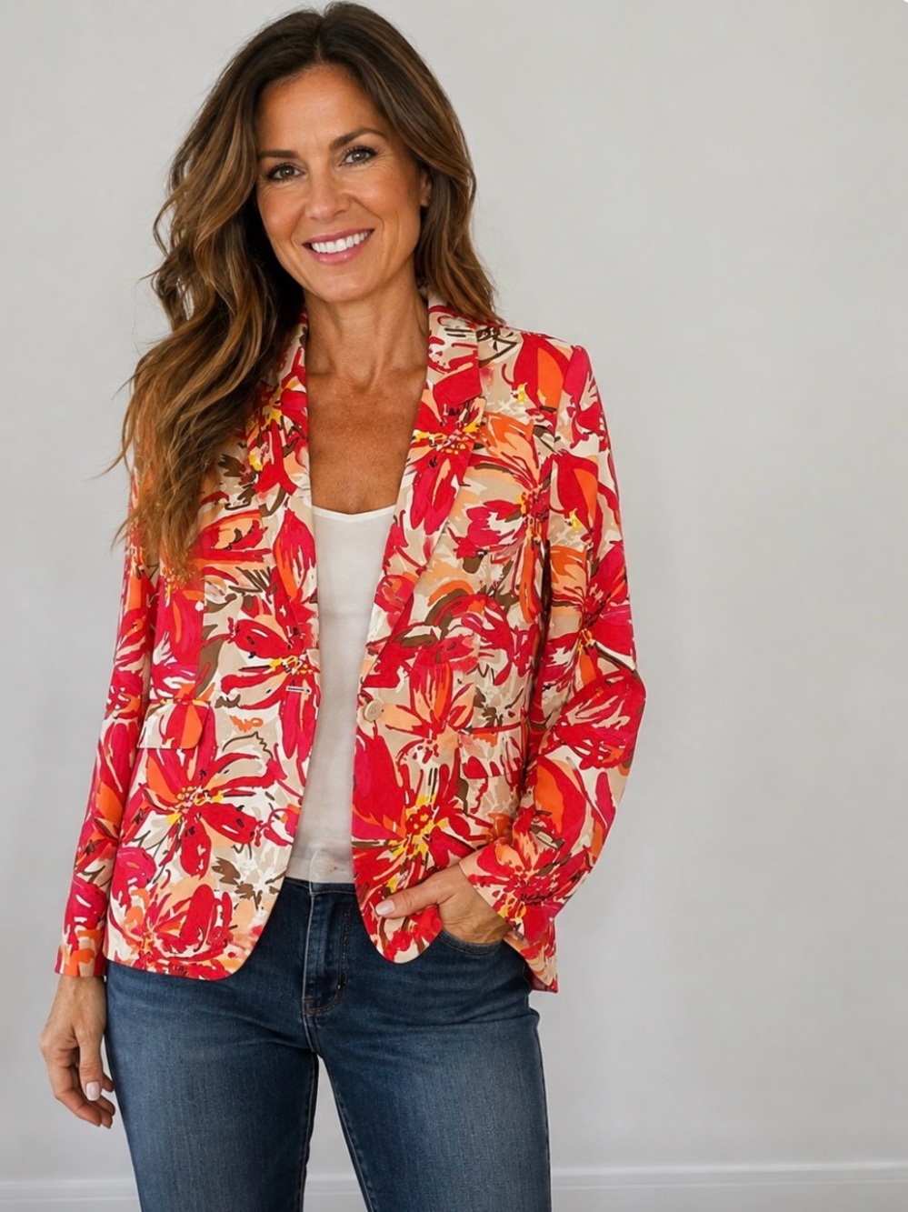 NEW - Floral Red & Orange lined Single-Button Blazer